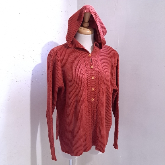 Eddie Bauer | Red cable knit button up hooded womens sweater - Picture 1 of 8